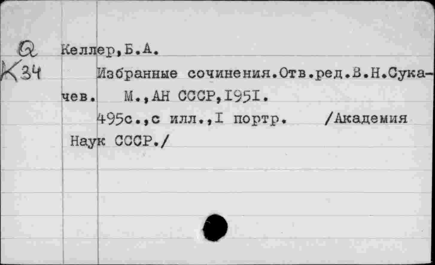 ﻿Келлер,Б.А.
Избранные сочинения.Отв.ред.В.Н.Сука чев. М.,АН СССР,1951.
!4-95с.,с илл.,1 портр. /Академия
Наук СССР./